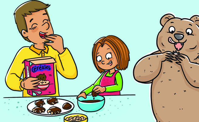 Une illustration d'un papa et sa fille qui cuisinent des biscuit et d'un ours qui les regarde en se régalant