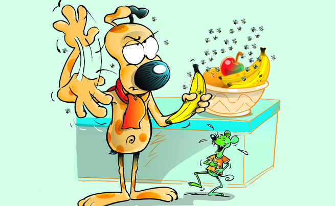Illustration d'un d'un chien qui repousse des mouches à fruits au-dessus d'un bol à fruits