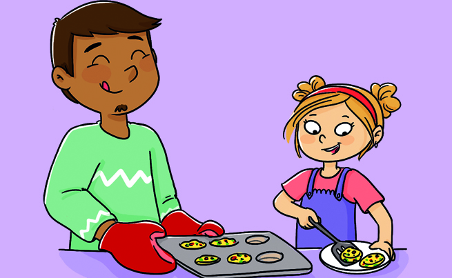 Illustration d'un papa et sa fille qui font des omelettes dans des moules à muffins