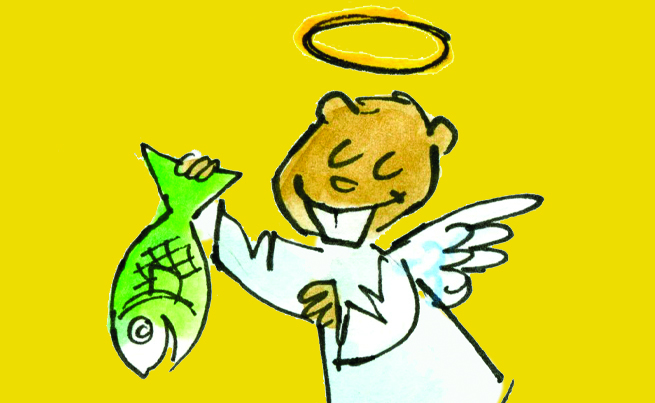 Illustration de Boulo en ange avec un poisson dans la main
