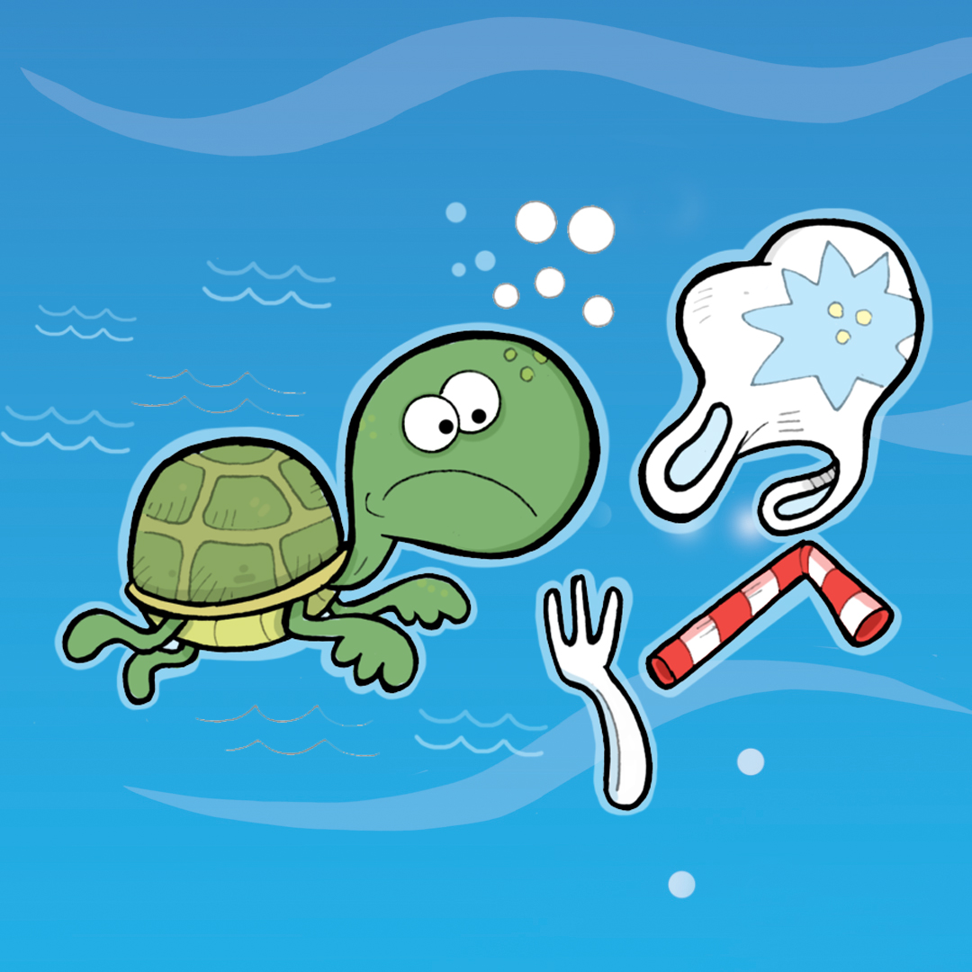 Illustration d'une tortue sous l'eau triste de voir des déchets de plastique