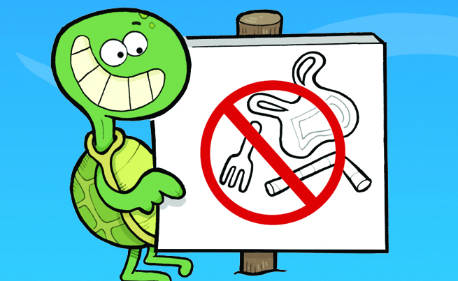 Illustration d'une tortue devant une affiche interdit au plastique à usage unique