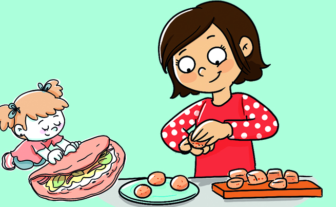 Illustration d'une maman avec sa fille qui fait des boules de pâte pour la recette de tortillas maison.