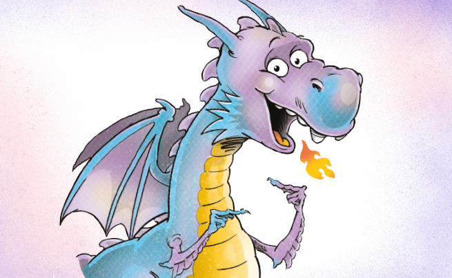 Dessin d'un dragon de légende mauve, bleu et jaune