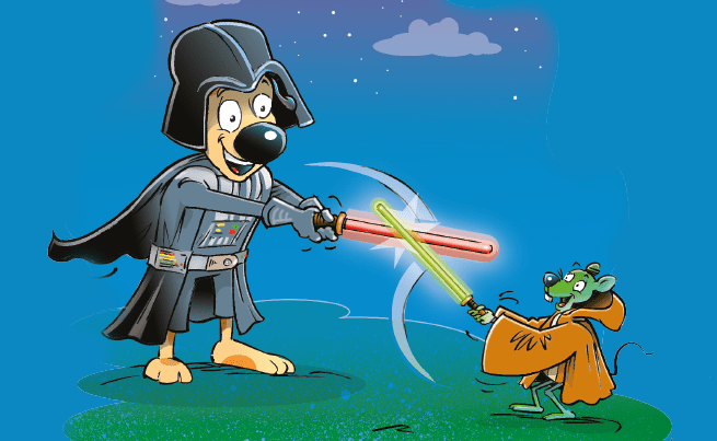 illustration de deux personnages animaux jouant avec des sabres