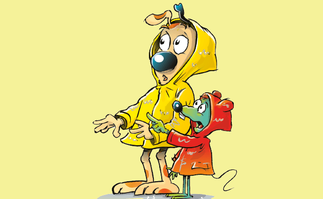 dessin d'un chien et d'une souris en imperméable