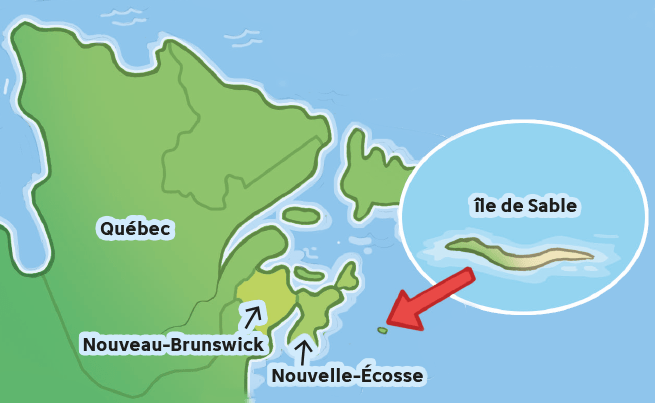 Carte de l'est du Canada montrant l'île de Sable