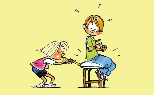 dessin d'une enfant qui souffle avec une paille pour gonfler un sac sur lequel un autre enfant est assis